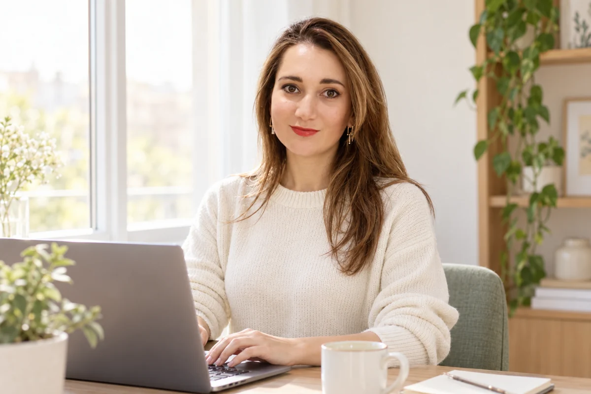 Maria Rodina lucrând la un laptop